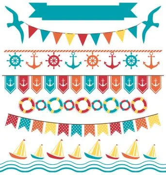 Set of multicolored flat sea buntings garlands flags isolated on Stock Illustration