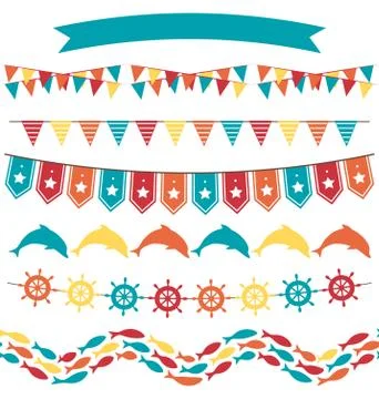Set of multicolored flat sea buntings garlands flags isolated on white Illustrazione stock