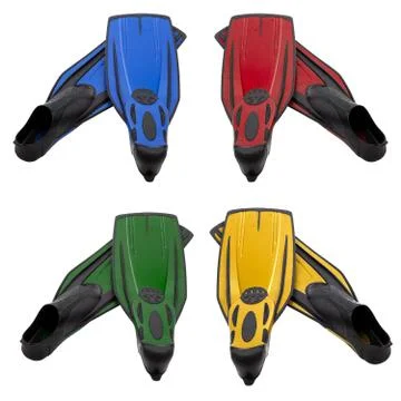 Set of multicolored flippers for diving with water drops Stock Photos