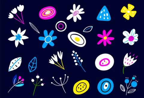 Set of multicolored flowers in a flat style isolated on a white black background Stock Illustration