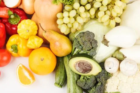 Set of multicolored fresh raw vegetables and fruits, isolated Stock Photos