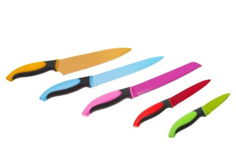 Set of multicolored fun for kitchen knives. On a white background. Stock Photos