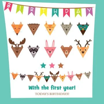 Set of multicolored garlands flat as forest animals on a white background. De Stock Illustration