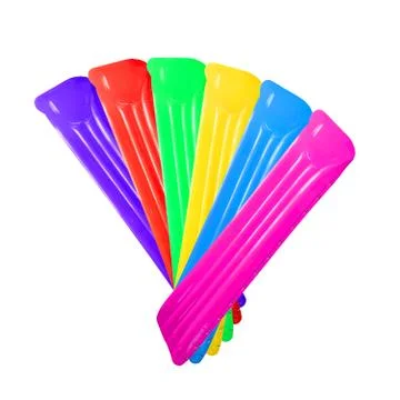 Set of multicolored inflatable floating pool raft mattress isolated on white  Stock Photos