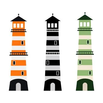 Set of multicolored lighthouse navigation object towers, template vector Illustrazione stock