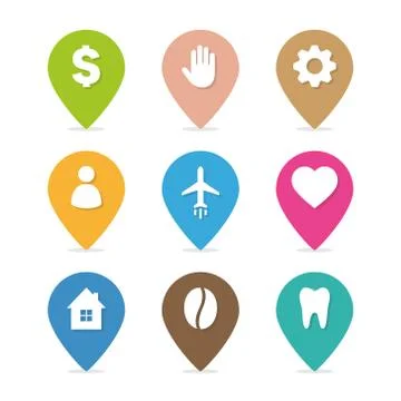 Set of the multicolored map point. Hand with map pointer icon. Plane with map Stock-Illustration