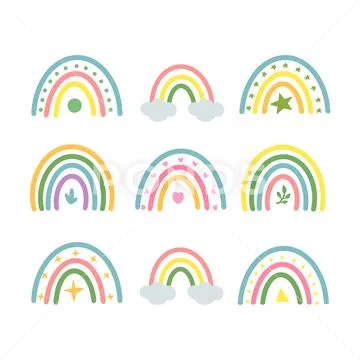 Set of multicolored minimalistic scandinavian rainbows in doodle style PSD Template