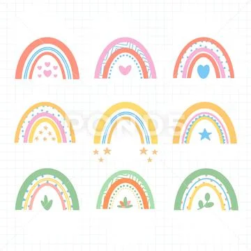 Set of multicolored minimalistic Scandinavian rainbows in doodle style PSD Template