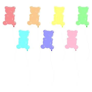 A set of multicolored, oval, helium balloons in the shape of bears. Tied wit Stock Illustration