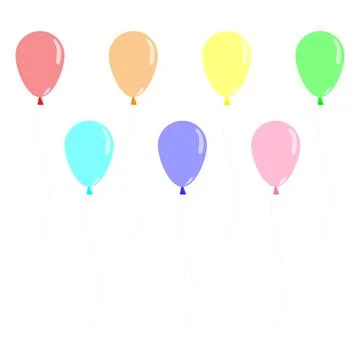 A set of multicolored oval helium balloons, tied with string. White backgrou Stock Illustration