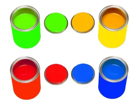 Set of multicolored paint cans isolated on white. Stock Photos