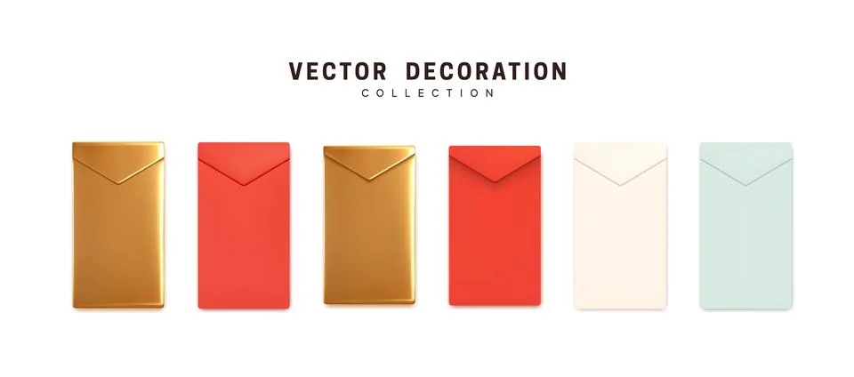 Set of multicolored postal invitations, paper postal envelopes realistic 3d d Stock Illustration