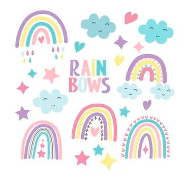 Set of multicolored rainbows, clouds, stars Stock Illustration
