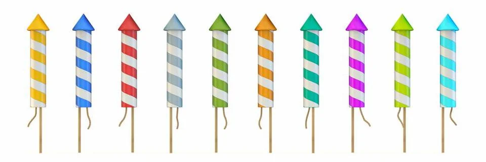 Set of multicolored rocket fireworks 3D Set of multicolored rocket firewor... Stock Photos