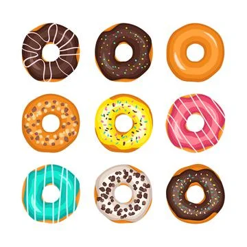 Set of multicoloured glazed donuts with chocolate, sprinkles and nuts Stock Illustration