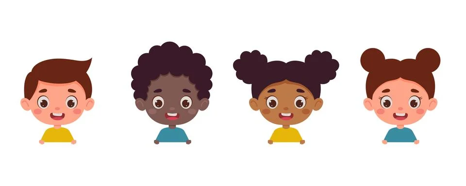 Set of multicultural kid boy and girl heads. Children peeking out. Cartoon child Stock Illustration
