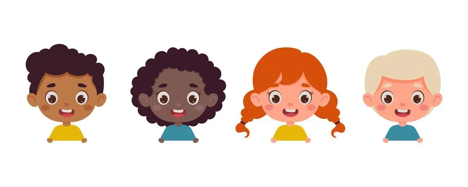 Set of multicultural kid boy and girl heads. Children peeking out. Cartoon child Stock Illustration