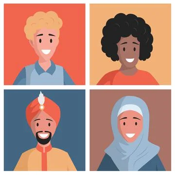 Set of multiethnic people avatars vector flat illustration. Happy smiling Arabic Stock Illustration