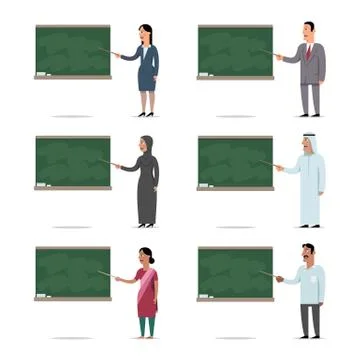 Set of the multiethnic teachers explains the lesson by pointing to the board Stock Illustration