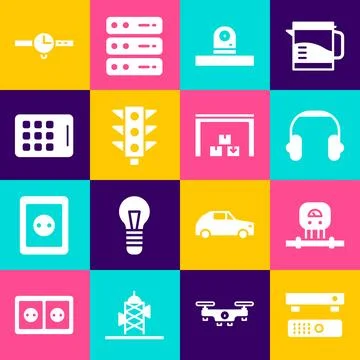 Set Multimedia and TV box, Smart sensor, Headphones, Security camera, Traff.. Stock Illustration