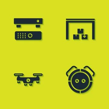 Set Multimedia and TV box, Robot vacuum cleaner, Drone flying and Warehouse i Stock Illustration