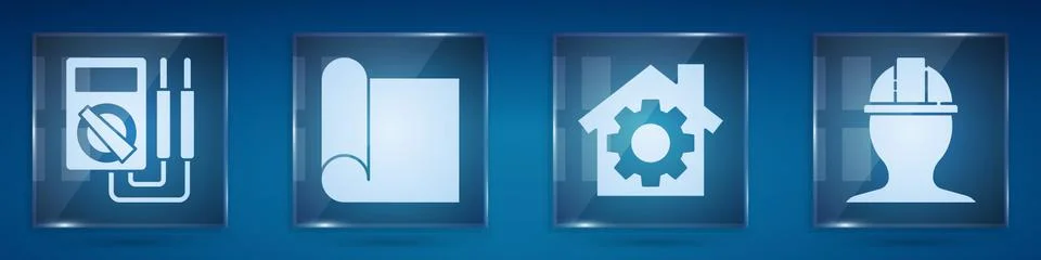 Set Multimeter, Graphing paper for engineering, House with gear and Worker Stock Illustration