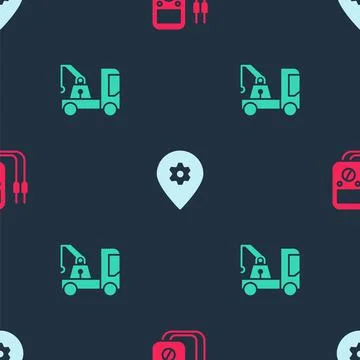 Set Multimeter, Location with car service and Tow truck on seamless pattern 스톡 일러스트
