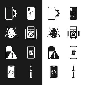 Set Multimeter, System bug, Phone repair service, Mobile with broken screen 스톡 일러스트