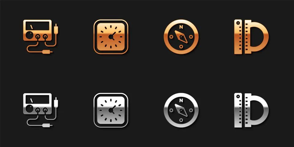 Set Multimeter, voltmeter, Clock, Compass and Protractor and ruler icon. Vector 库存插图
