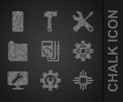 Set Multimeter, Wrench spanner and gear, Processor with microcircuits CPU Stock Illustration