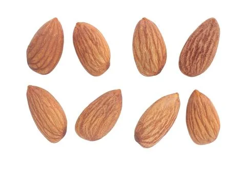 Set of multiple different dried Almonds, Almonds isolated on white background Stock Photos