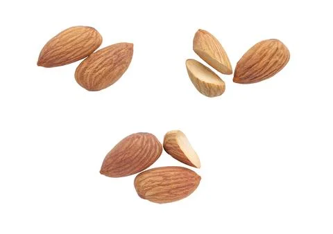Set of multiple different dried Almonds, Almonds isolated on white background  Foto stock
