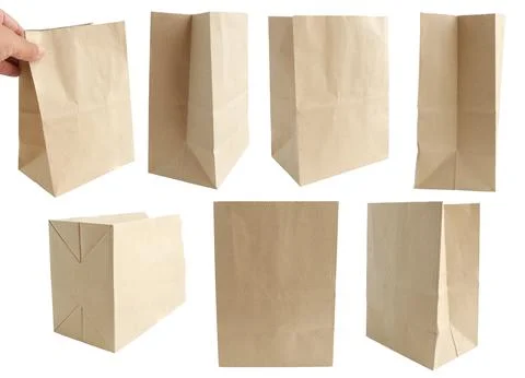 Set of multiple different open kraft paper bags isolated on white background Stock Photos