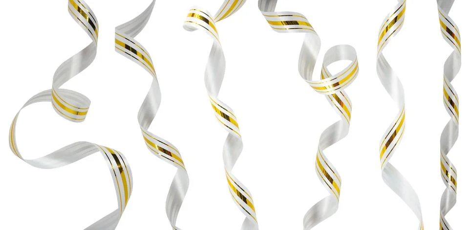 Set of multiple different white and gold ribbon Stock Photos