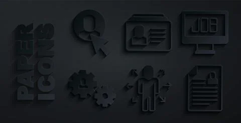 Set Multitasking manager working, Search job, Human with gear, Resume, and Ilustração Stock