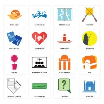 Set of municipal, inquiry, request a quote, bank branch, orchid, hospitality, Free Stock Illustration
