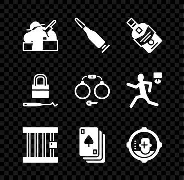Set Murder, Bullet, Whiskey bottle, Prison window, Playing cards, Headshot,.. Stock Illustration
