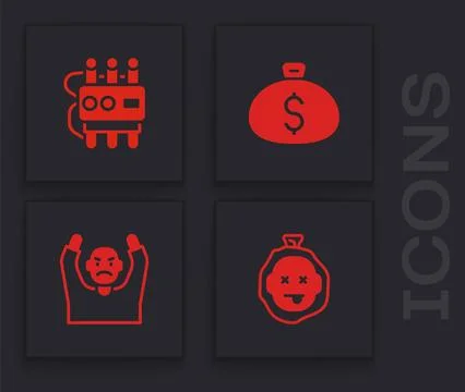 Set Murder, Dynamite and timer clock, Money bag and Thief surrendering hands  Stock Illustration