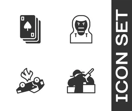 Set Murder, Playing cards, Burning and Thief mask icon. Vector Stock Illustration