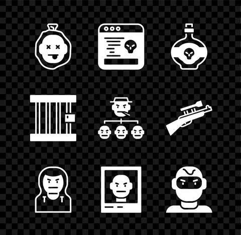 Set Murder, System bug, Poison in bottle, Thief mask, Wanted poster, Prison Illustrazione stock