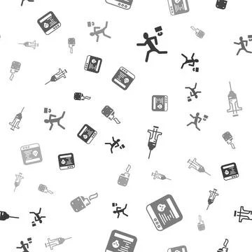 Set Murder, System bug, Syringe and Lighter on seamless pattern. Vector Stock Illustration
