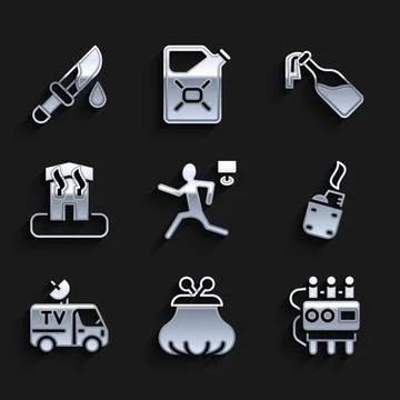 Set Murder, Wallet, Dynamite and timer clock, Lighter, TV News car, Arson h.. Stock Illustration