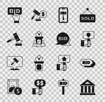 Set Museum building, Bid, Hand holding auction paddle, Online, Auction jewelry Ilustración de archivo