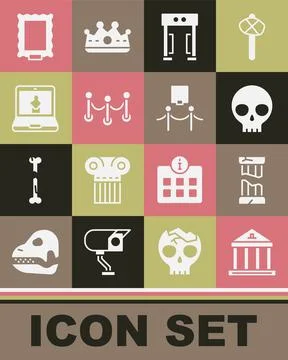 Set Museum building, Broken ancient column, Human skull, Metal detector, Rope Ilustración de archivo