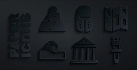 Set Museum building, guide brochure, Human skull, Torch flame, Medieval iron Ilustración de archivo