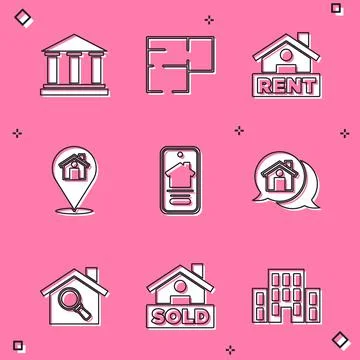 Set Museum building, House plan, Hanging sign with Rent, Location house, Online Ilustración de archivo