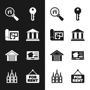 Set Museum building, House plan, Search house, key, Garage, Online real est.. Ilustración de archivo