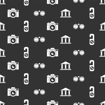 Set Museum building, Please do not disturb, Photo camera and Binoculars on Ilustración de archivo