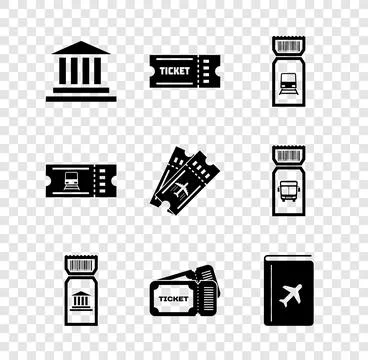 Set Museum building, Ticket, Train ticket, Cover book travel guide,  and Ai.. Ilustración de archivo