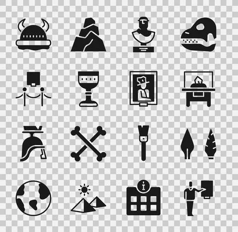 Set Museum guide, Stone age arrow head, Glass showcase for exhibit, Ancient bust Illustrazione stock